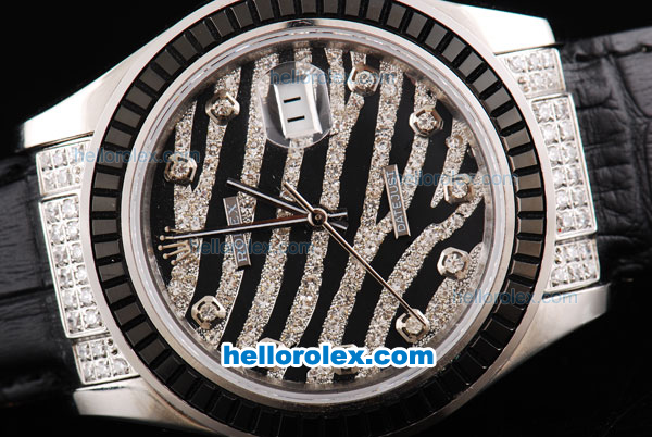 Rolex Datejust Oyster Perpetual Automatic Movement Black Ruby Bezel with Diamond Crested Dial and Black Leather Strap - Click Image to Close